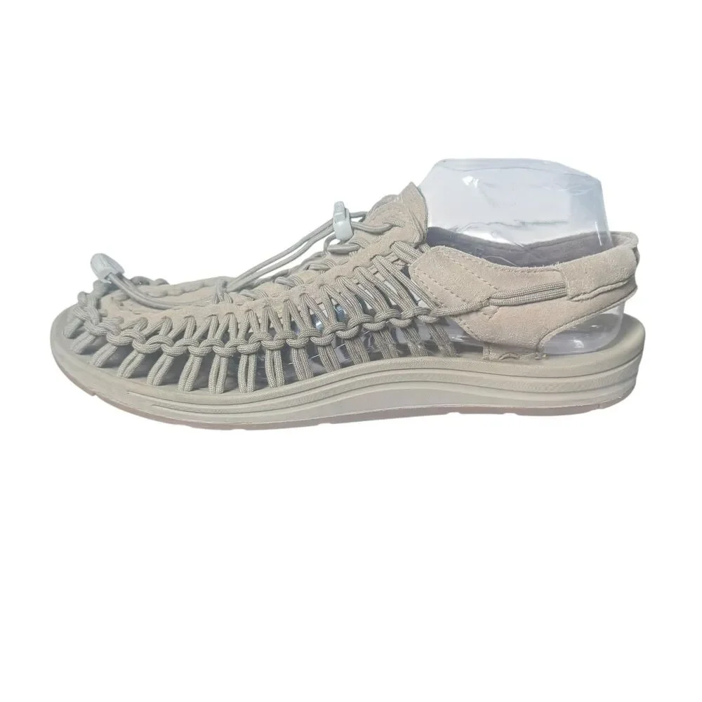 Keen Uneek Sandals Mens US 10 Gray Suede Walking Hiking Woven Bungee White Logo